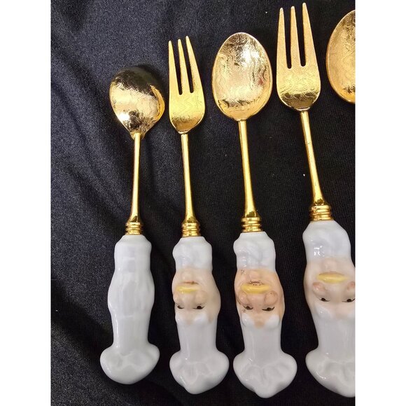 10 Gold Plated Fork & Spoons Chef Hat Porcelain Handles - Picture 5 of 5